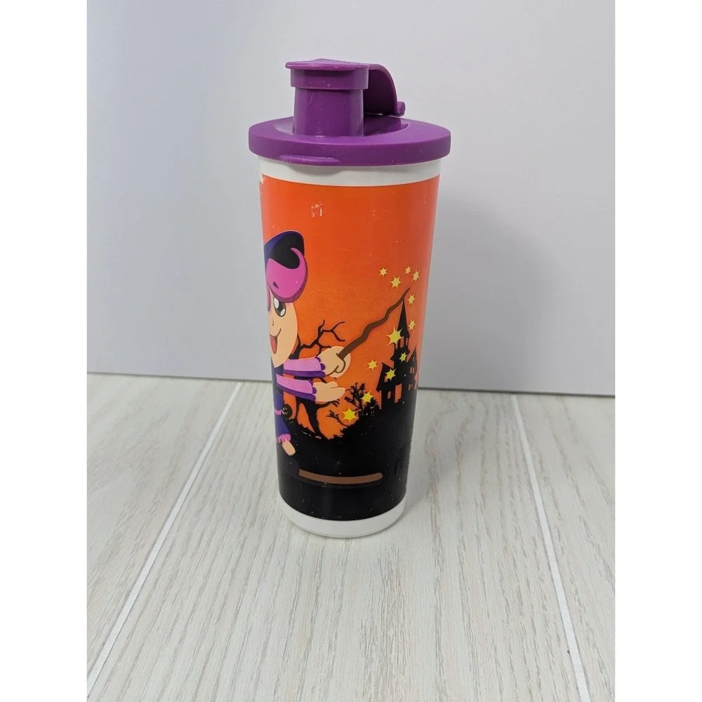Tupperware 16 oz Halloween Witch Flip‎ Top Plastic Tumbler Cup orange purple